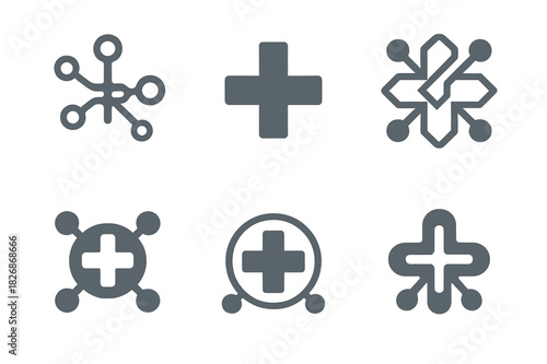 Digital Health Logos. Digital health startups. Icon set. Set Logo of digital health startups: network of connected healthcare nodes. harmonious logo variations