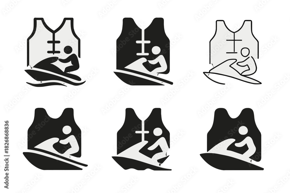 Fototapeta premium Jet Ski Logo Designs. Jet skiing. Icon set. Set Logo of Jet skiing: life jacket emblem. harmonious logo variations of the same emblematic concept, each with