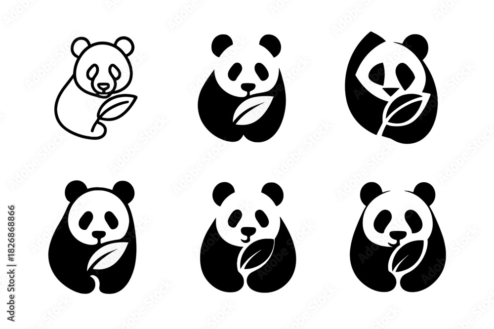 Fototapeta premium Wildlife Protection Icons. Endangered species. Icon set. Set Logo of wildlife protection: panda silhouette with leaf. harmonious logo variations of the same
