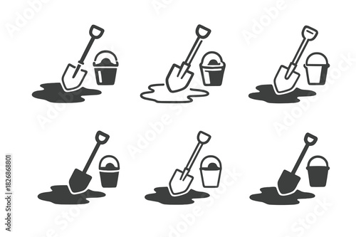 Road Repair Logos. Road maintenance crews repairing potholes and streets. Icon set. Set Logo of Road maintenance crews repairing potholes and streets: shovel