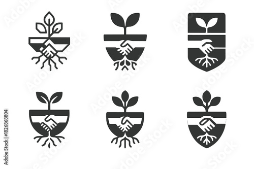 Sentient Plant Logos. The study of sentient plants and plant communication. Icon set. Set Logo of The study of sentient plants and plant communication: roots