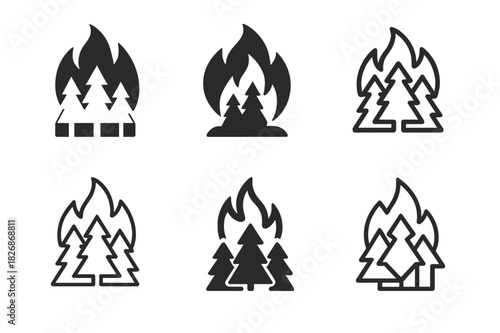 Climate Change Icons. Climate change effects on natural landscapes. Icon set. Set Logo of environment: wildfire and forest silhouette. harmonious
