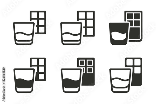 Drink Pairing Icons. Drink pairings. Icon set. Set Logo of Drink pairings: whiskey tumbler and chocolate bar. harmonious logo variations of the same emblematic