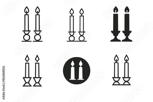 Candle Centerpiece Logos. Candle centerpiece. Icon set. Set Logo of Candle centerpiece: pair of taper candles in minimalist holders. harmonious logo variations