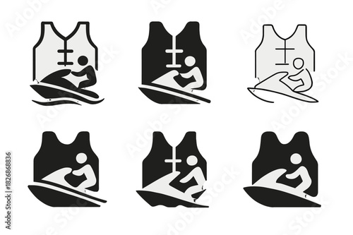 Jet Ski Logo Designs. Jet skiing. Icon set. Set Logo of Jet skiing: life jacket emblem. harmonious logo variations of the same emblematic concept, each with
