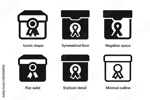 Life Legacy Icons. Contemplating the end of life and legacy. Icon set. Set Logo of Contemplating the end of life and legacy: archive box with ribbon seal.