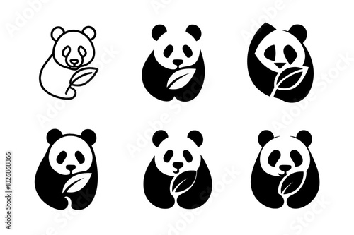 Wildlife Protection Icons. Endangered species. Icon set. Set Logo of wildlife protection: panda silhouette with leaf. harmonious logo variations of the same