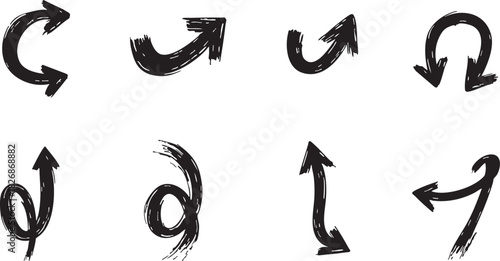 Hand-Drawn Black Ink Curved Arrow Set: Doodle-Style Directional Pointers