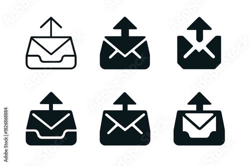 Outgoing Mail Icon Set. Outgoing mail tray. Icon set. Set Logo of outgoing mail tray: envelope with arrow. harmonious logo variations of the same emblematic