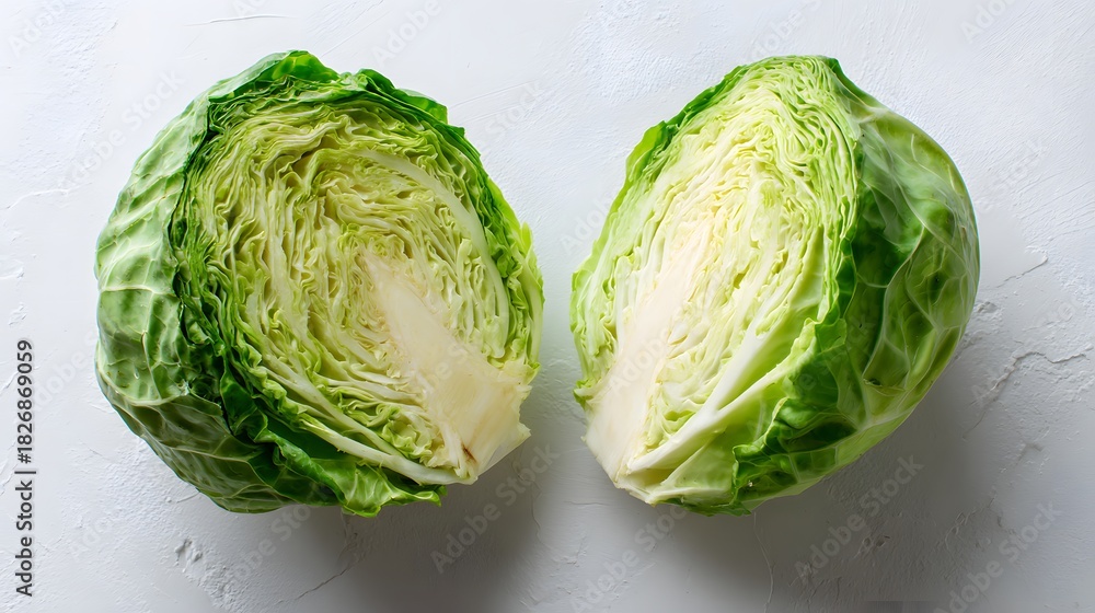 Fototapeta premium Fresh green cabbage halved and presented on a light textured surface from above