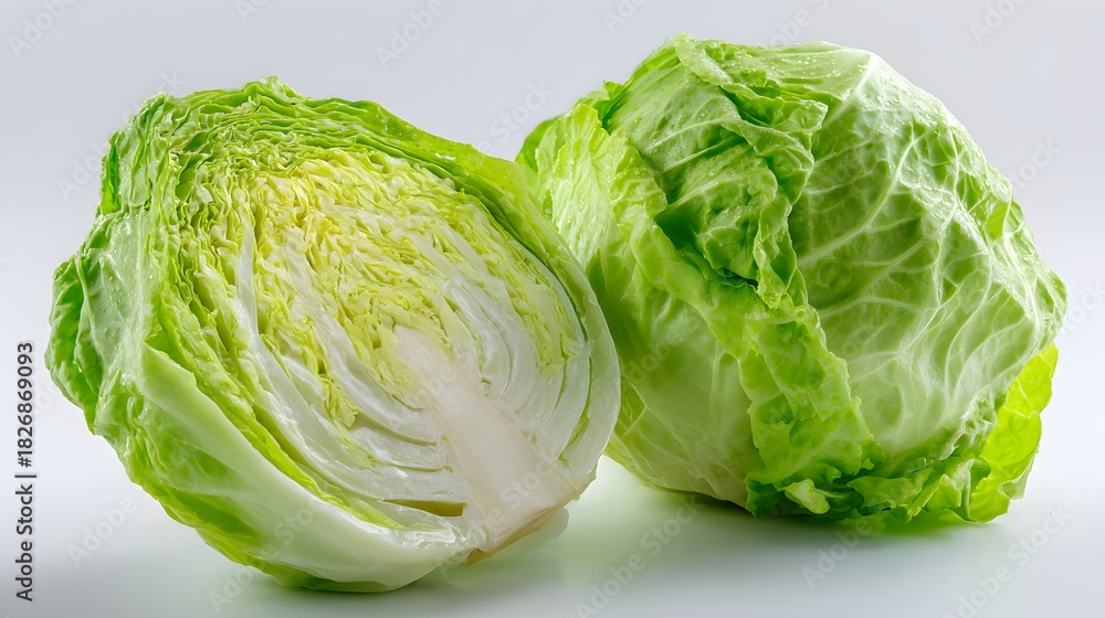 Fototapeta premium Fresh crisp green head of vegetable shown whole and halved against a white background