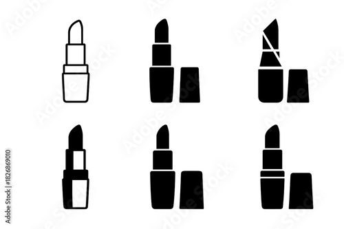 Luxury Makeup Icon Set. High-end makeup packaging. Icon set. Set Logo of High-end makeup packaging: luxury lipstick bullet with metal case. harmonious logo