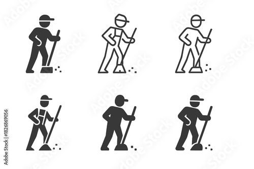 Hygiene Icon Variations. Sweeping the Floor. Icon set. Set Logo of workplace hygiene: cleaner sweeping corridor. harmonious logo variations of the same