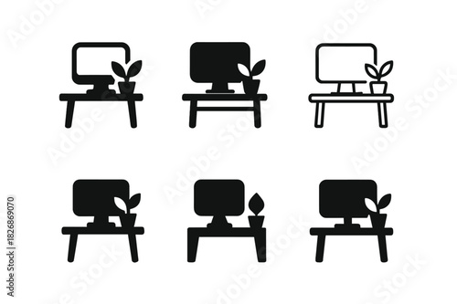 Remote Work Icons. Remote work setups and home office environments. Icon set. Set Logo of Remote work setups and home office environments: desk