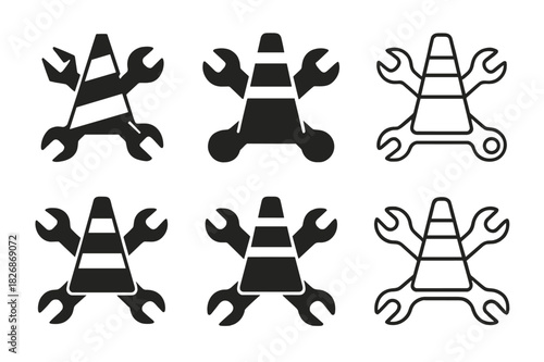 Road Maintenance Logo Set. Road maintenance crews repairing potholes and streets. Icon set. Set Logo of Road maintenance crews repairing potholes and streets: