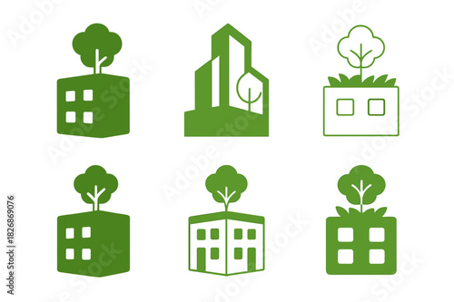 Nature-Inspired Architecture Logos. Ecological architecture blending with nature. Icon set. Set Logo of ecological architecture blending with nature: rooftop