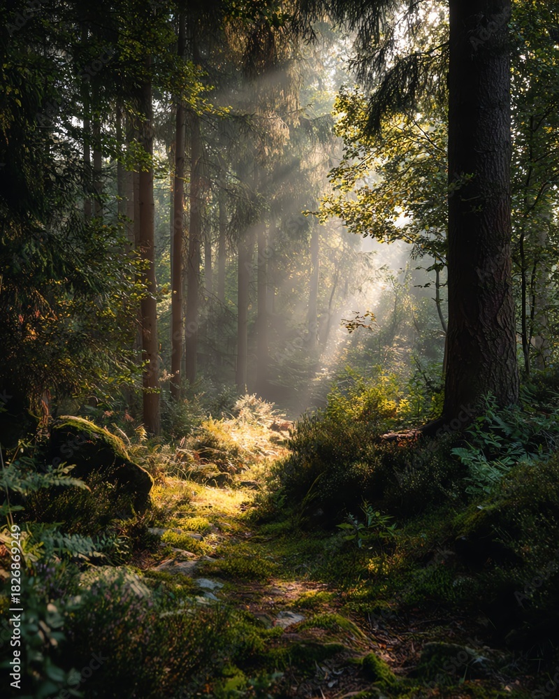 Naklejka premium A serene forest scene bathed in soft morning light, perfect for inspiring mindfulness and relaxation in nature enthusiasts.