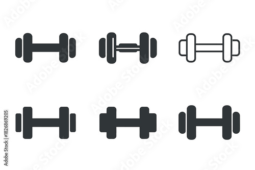 Dumbbell Logo Variations. Sports equipment. Icon set. Set Logo of Sports equipment: dumbbell pair. harmonious logo variations of the same emblematic concept,