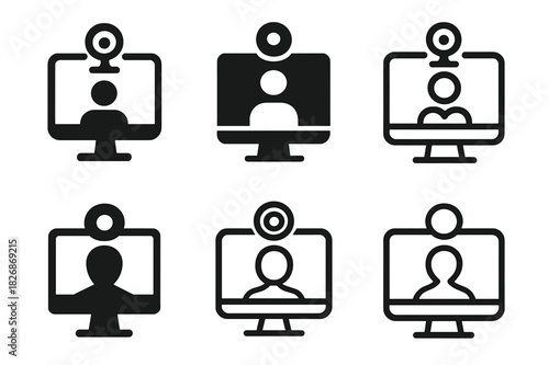 Digital Conference Icons. Digital conferences. Icon set. Set Logo of online events: webcam and monitor symbol. harmonious logo variations of the same