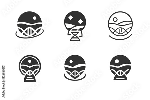 Adaptive Evolution Emblems. Genetic Engineering for Space Colonization. Icon set. Set Logo of adaptive evolution: DNA embedded in planetary