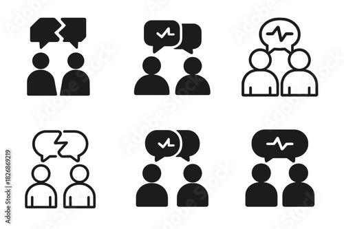 Harmonious Friend Group Logos. Creating a positive friend group. Icon set. Set Logo of Creating a positive friend group: conflict resolution speech bubbles.