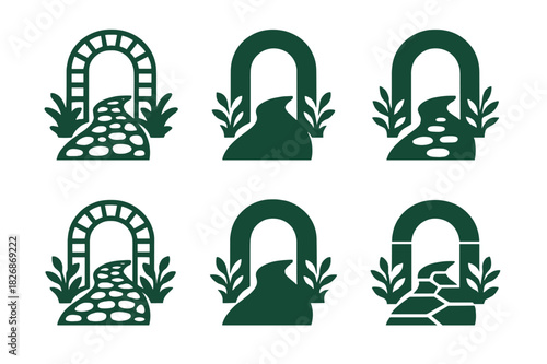Garden Path Logo Variations. Decorative stone paths through a garden with plants on both sides. Icon set. Set Logo of Decorative stone paths through a garden
