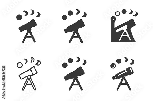 Moon Phases Icons. The phases of the moon. Icon set. Set Logo of The phases of the moon: telescope silhouette with phased moon trail. harmonious logo