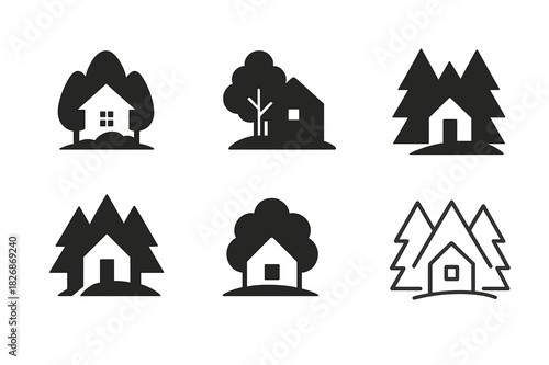 Harmonious Eco Architecture Icons. Ecological architecture blending with nature. Icon set. Set Logo of ecological architecture blending with nature: