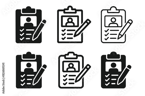 Conference Call Logos. Taking notes during a conference call. Icon set. Set Logo of Taking notes during a conference call: meeting agenda sheet. harmonious