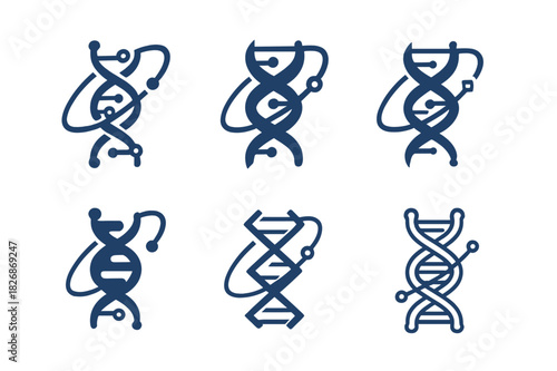 Space Genetic Icons. Genetic Engineering for Space Colonization. Icon set. Set Logo of synthetic life: DNA helix with circuit and orbit motifs. harmonious logo