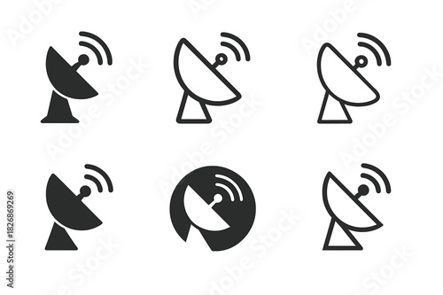 Broadcast Journalism Logos. Broadcast journalism. Icon set. Set Logo of Broadcast journalism: satellite dish uplink. harmonious logo variations of the same