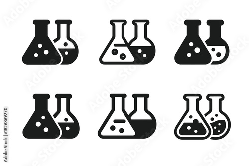 Flask Logo Set. Flasks. Icon set. Set Logo of flasks: connected lab glassware. harmonious logo variations of the same emblematic concept, each with different