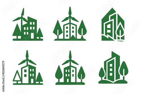 Ecological Architecture Icons. Ecological architecture blending with nature. Icon set. Set Logo of ecological architecture blending with nature: wind-powered