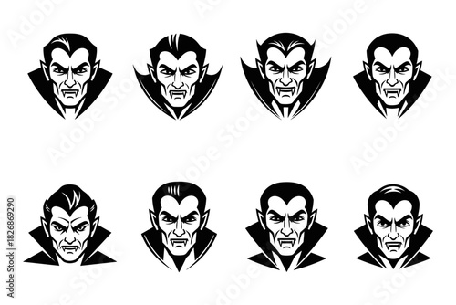 Collection of Eight Vampire Head Icons in Black and White.