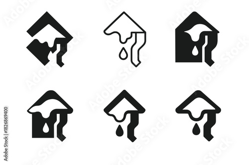 Melting Snow Icons. Melting snow off roof. Icon set. Set Logo of Melting snow off roof: gutter and downspout thaw with droplet. harmonious logo variations of