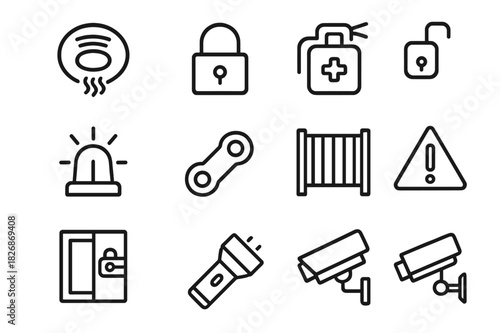 Home Safety Icons. Home safety. Line icon set of home safety: smoke detector, lock, first aid kit, fire extinguisher, emergency light, child lock, safety gate,