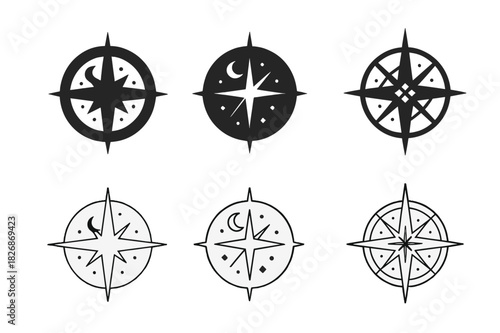 Celestial Icons Collection. Destiny and fate. Icon set. Set Logo of destiny and fate: celestial compass. harmonious logo variations of the same emblematic