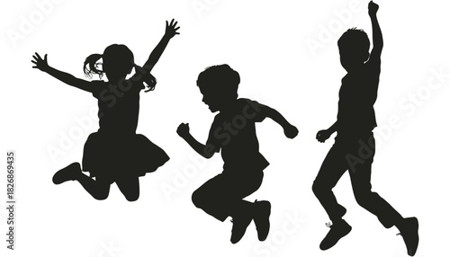 Silhouette of kids jumping happy children playing childhood fun