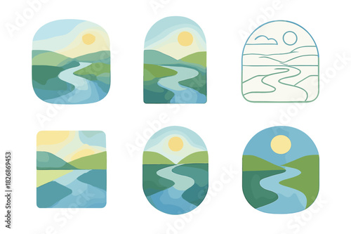 Watercolor Logo Variations. Watercolor Landscape Painting. Icon set. Set Logo of Watercolor Landscape Painting: river bend. harmonious logo variations of the