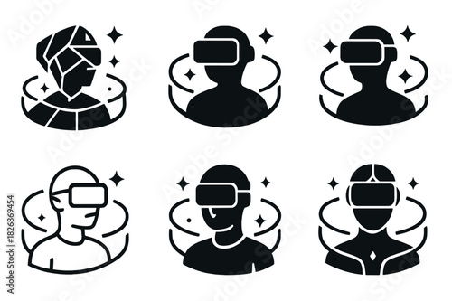 VR Gaming Logos. Virtual reality gaming. Icon set. Set Logo of VR experience: person immersed in holographic world. harmonious logo variations of the same