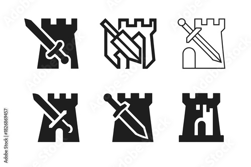 Offense Defense Logos. Offense vs Defense. Icon set. Set Logo of Offense vs Defense: castle bastion. harmonious logo variations of the same emblematic concept,