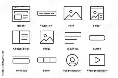 Web Wireframe Icon Set. Web page wireframe mockup. Line icon set of web page wireframe mockup: header, navigation bar, hero image, sidebar, content block,