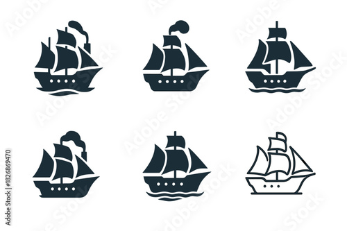 Historical Transport Icons. Historical transportation methods (ships, planes, automobiles). Icon set. Set Logo of historical transport: steamship with sails.