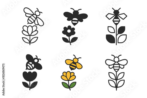 Garden Bee Logos. Flowering garden and bees. Icon set. Set Logo of flowering garden and bees: bee hovering over blooming flower. harmonious logo variations of