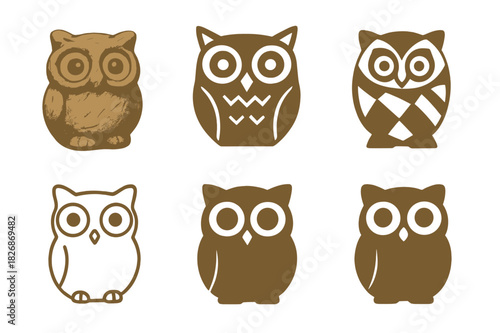 Animal Sculpture Logos. Sculpting clay into an animal figure. Icon set. Set Logo of Sculpting clay into an animal figure: pinch-pot owl with big
