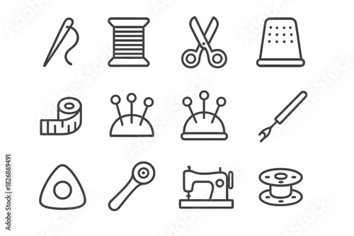 Sewing Tools Icons. Sewing Tools. Line icon set of Sewing Tools: needle, thread spool, scissors, thimble, measuring tape, pins, pin cushion, seam ripper,
