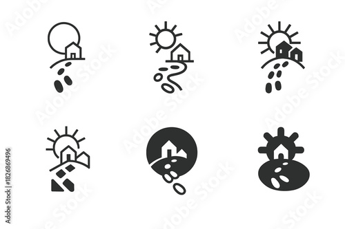 Cultural Tourism Logos. Cultural tourism in isolated communities. Icon set. Set Logo of cultural tourism in isolated communities: footprints leading to a
