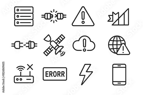 Network Failure Icons. Network failure. Line icon set of network failure: server, broken cable, warning triangle, no signal, plug disconnect, satellite, cloud