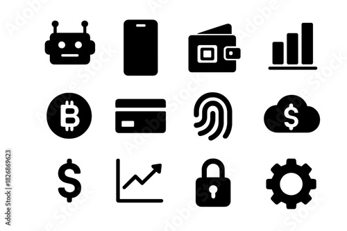 Fintech AI Icons. Fintech AI. Solid icon set of fintech AI: robot, smartphone, digital wallet, bar chart, bitcoin, credit card, fingerprint, cloud, dollar