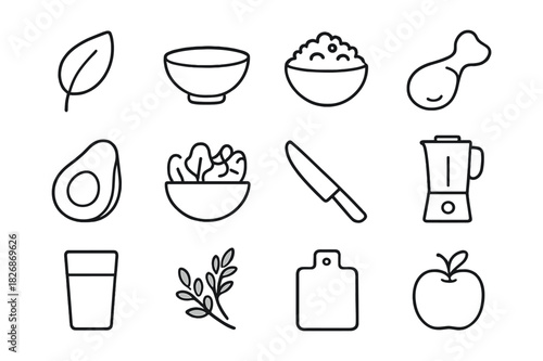 Clean Eating Icons. Clean eating recipes. Line icon set of clean eating recipes: leaf, bowl, rice, chicken, avocado, salad, knife, blender, glass of water,